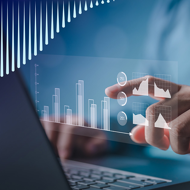 Finger covering over laptop with floating icons