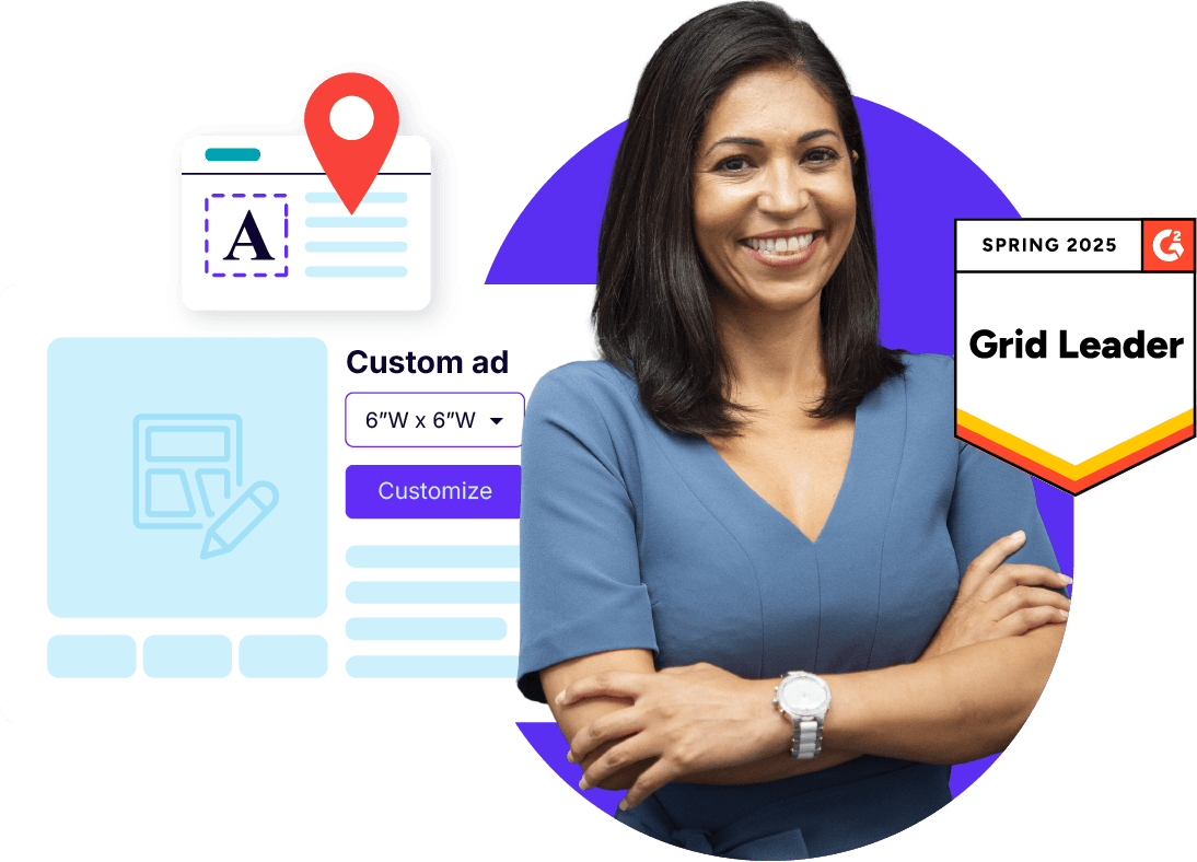 Smiling woman with icons in the background