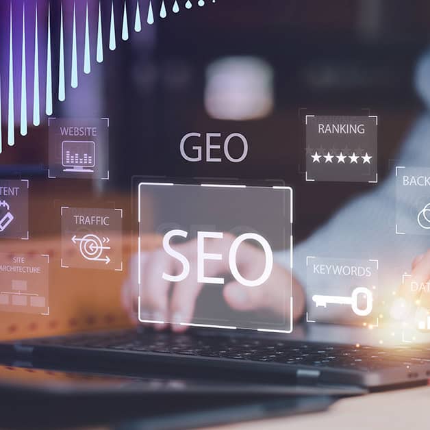 Floating SEO and GEO symbols