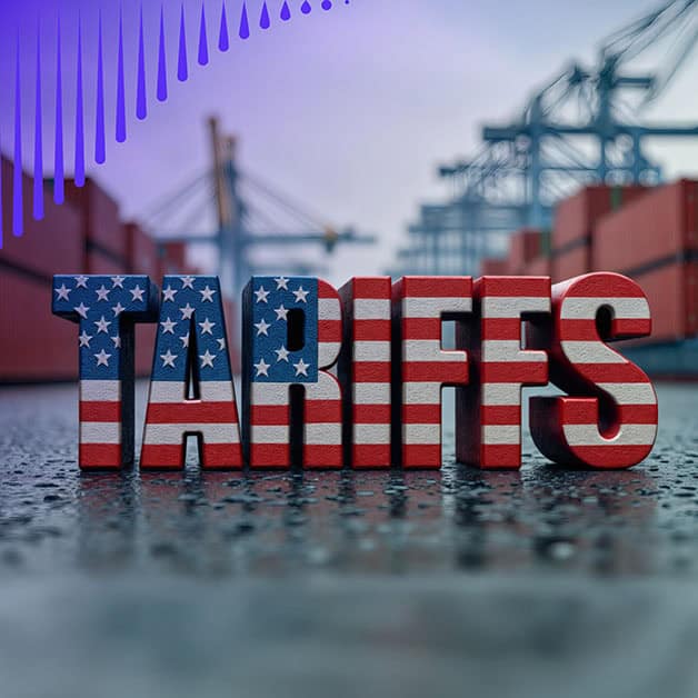 "Tariffs" letters with American flag print with blurred industry background
