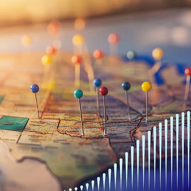 US map with colorful pins in it