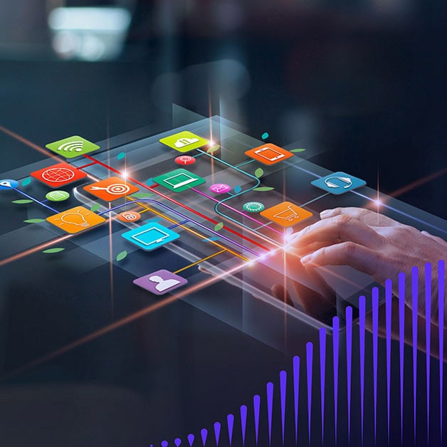 Hand hovering above colorful tech icons