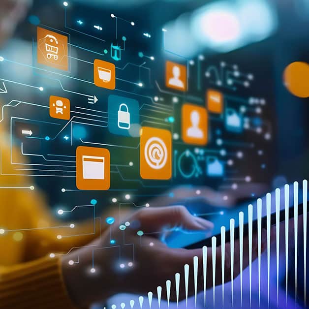 Hand holding smart phone with tech icons hovering above it