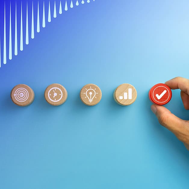 Five circular icon blocks with a hand placing the last one