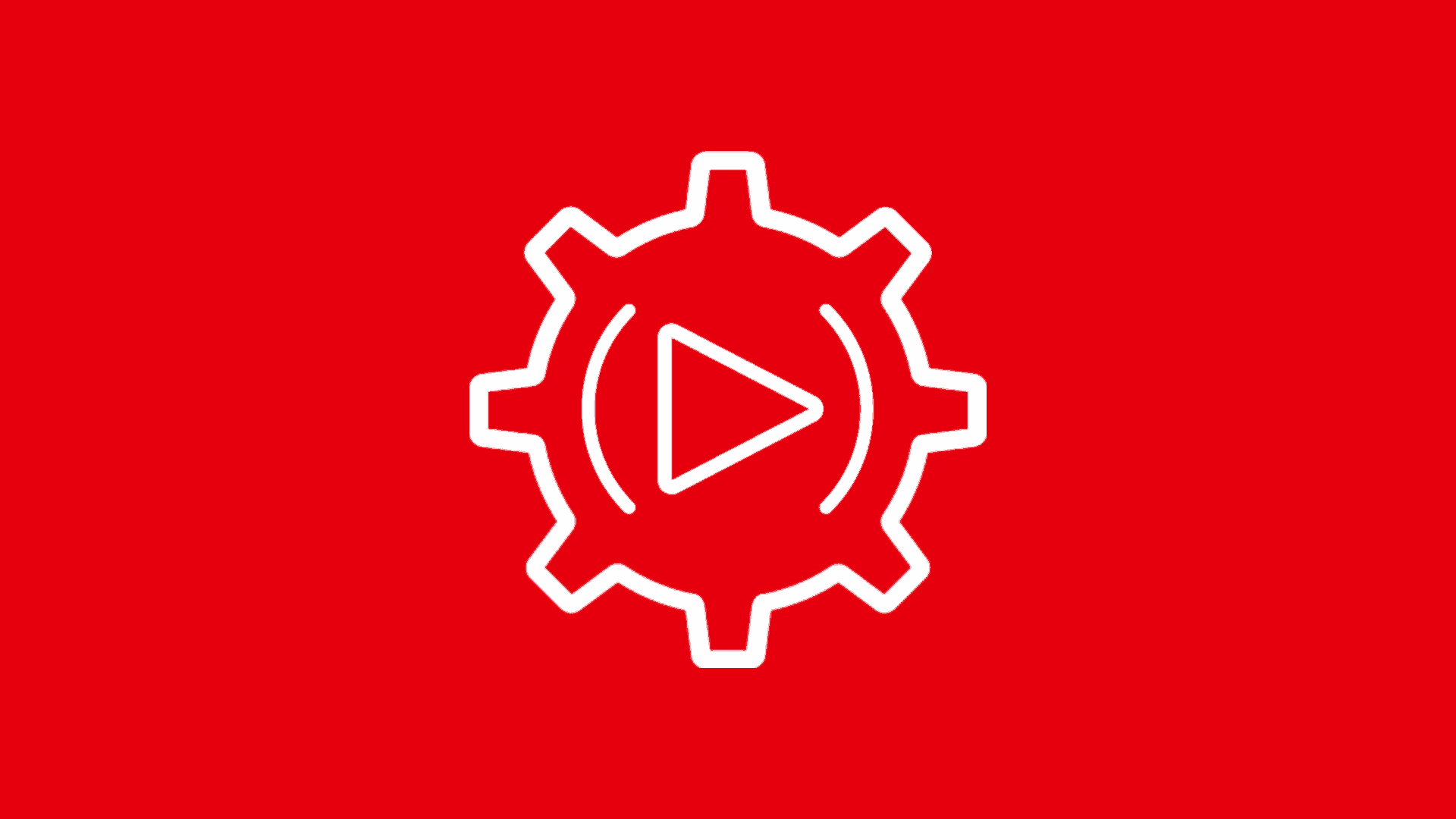 White gear icon with play button in the middle over red background