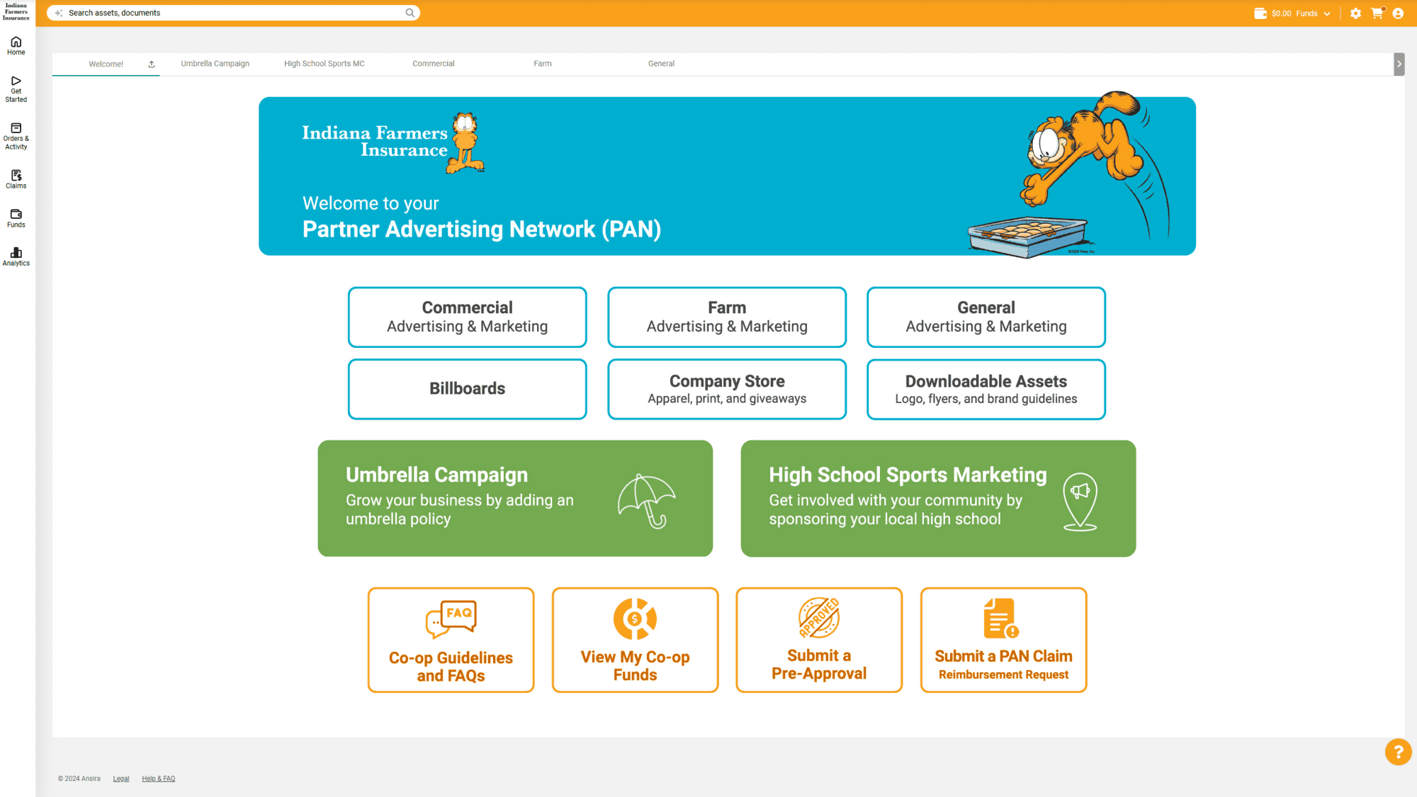 Indiana Farmers Insurance dashboard with Garfield imagery