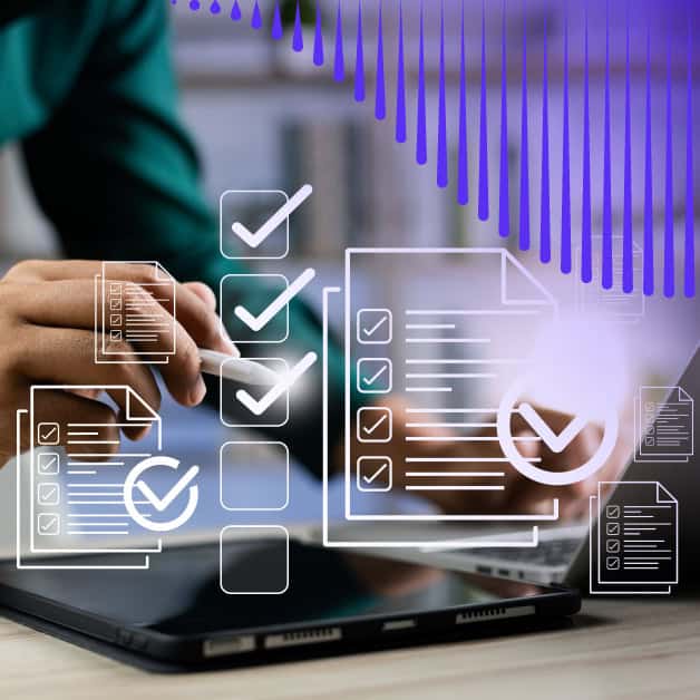 Person typing on computer overlayed with documents and lists