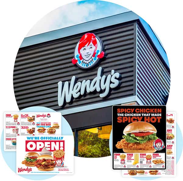 Wendy's building with printer icon and Wendy's sandwich ad