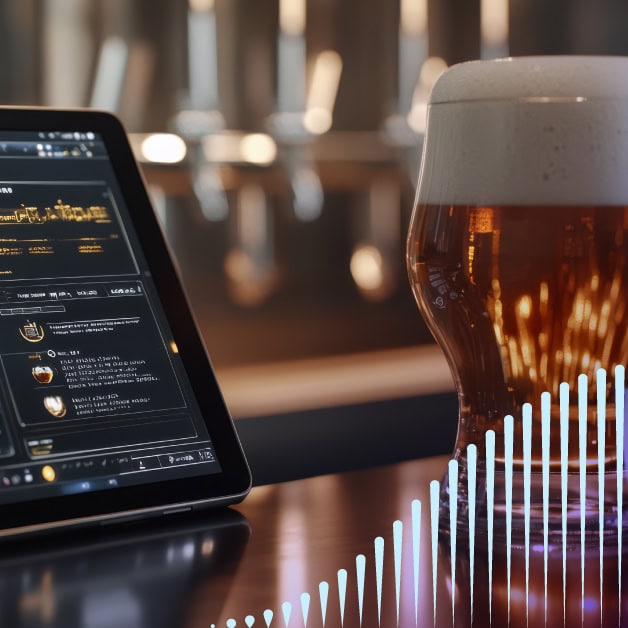 Glass of beer beside a tablet