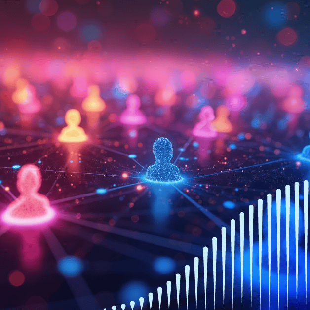 Glowing multicolor people icons interconnected with glowing lines