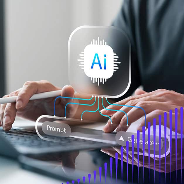 Person typing on keyboard with AI graphic overlayed