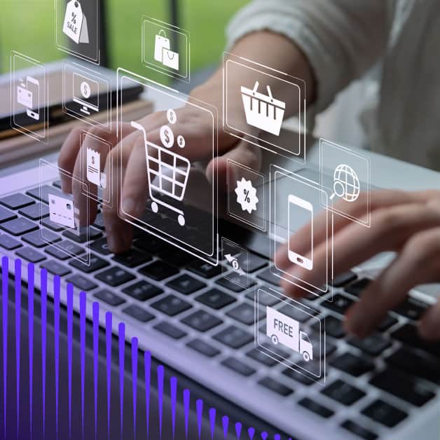 Hands typing on a keyboard with floating icons above