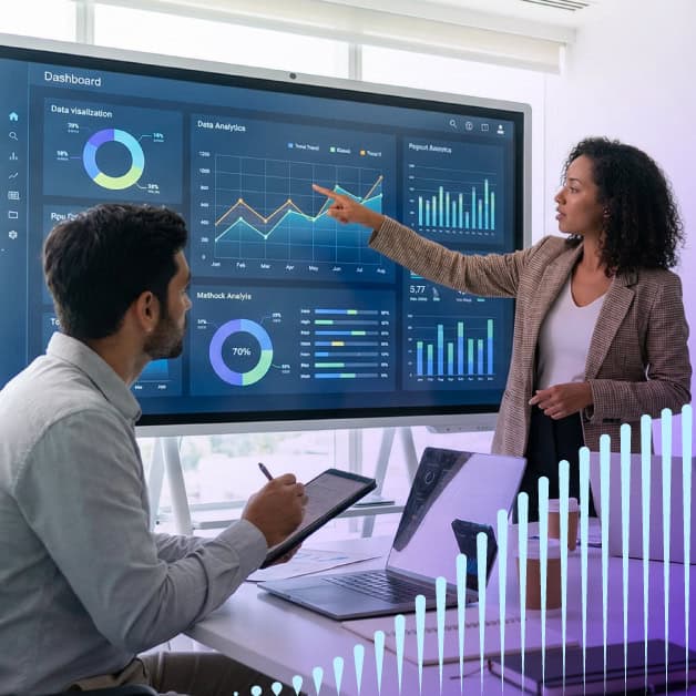 Woman pointing to screen with graphs on it and man taking notes at a table
