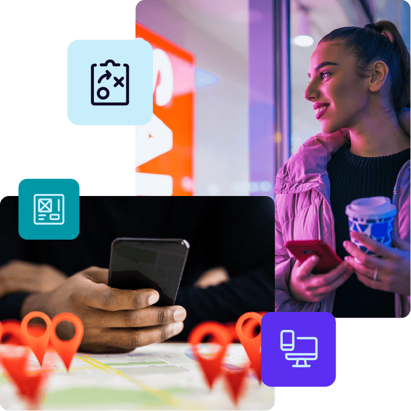 There are two images overlaying each other. The first layer is an image of a hand browsing a phone behind a physical map with 3D location markers. The second image behind is a woman smiling as she looks in a retail store with a sale sign.