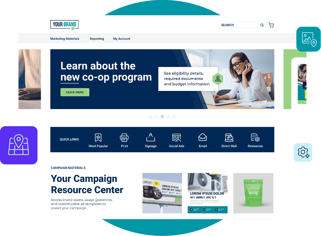 Example of the Ansira portal with your brand's logo, including marketing materials, co-op programs, quick links to print, email, and direct mail, and a campaign resource center