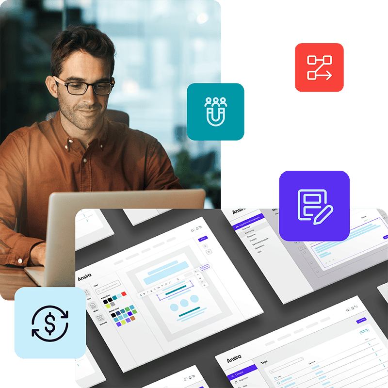 A man wearing glasses and a brown shirt sits behind a laptop screen. Icons representing Ansira's four modules surround him and screenshots of the platform are showcased for decorative purposes.