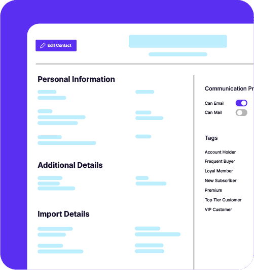 A screenshot example of Ansira Connect, a marketing personalization platform, that shows the contact management feature with personal information and additional details categories to fill in.