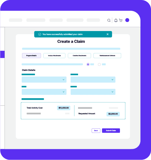 A screenshot of Ansira Incent, a marketing fund use module, that shows an example process of how to create a claim.