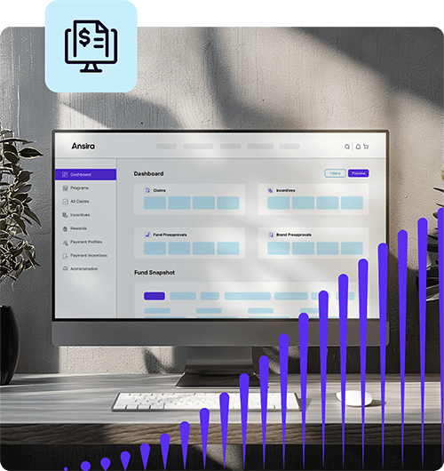 A silver monitor displays the Ansira Incent portal, the hub for marketing fund use. A white keyboard and mouse are also on the desk under the monitor.