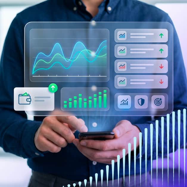 Person scrolling on phone with floating dashboards